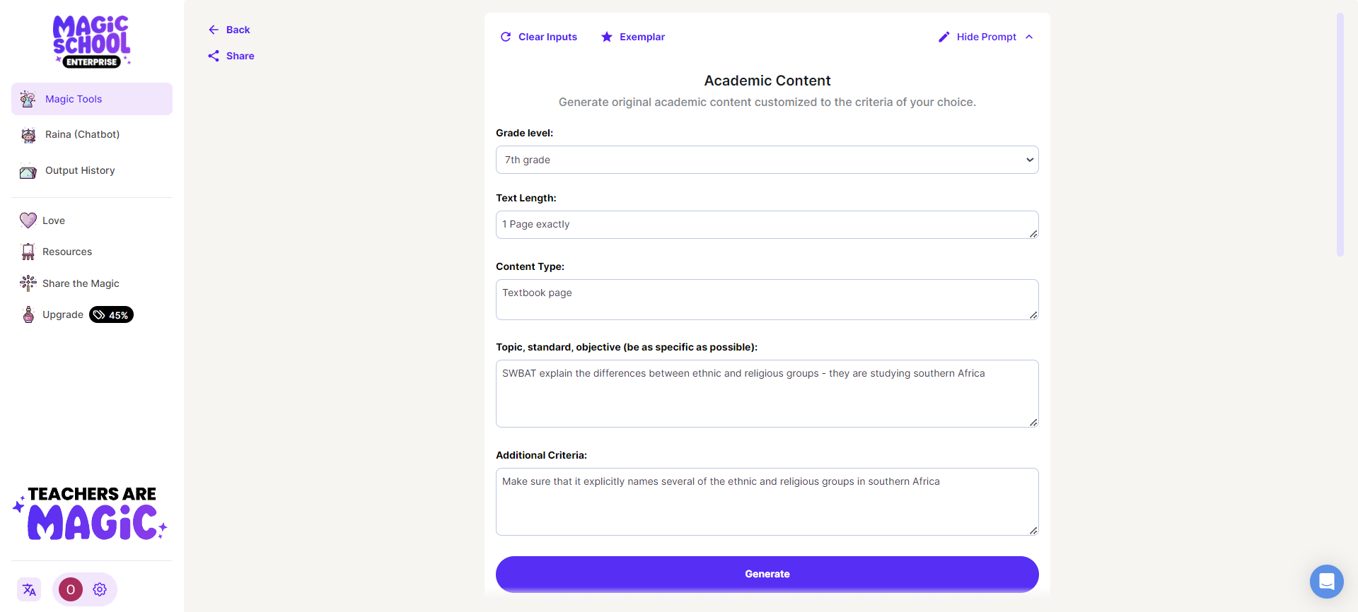 The Exemplar for the Academic Content Generator on the MagicSchool app which shows an example input and generation