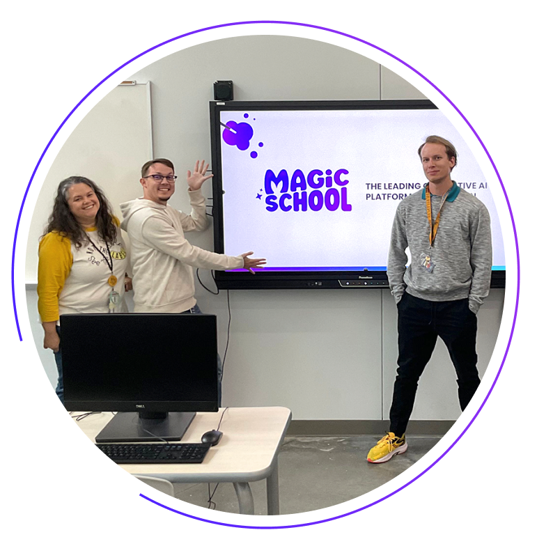 teachers standing in front of a MagicSchool presentation screen